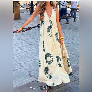 new Commense Satin Backless Maxi Dress S Beige Tie Dye Sleeveless